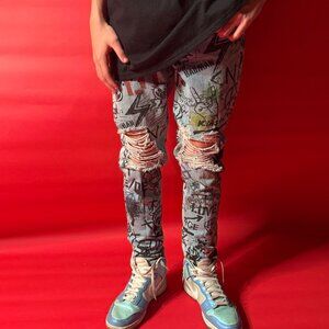 Graffiti Print Ripped Skinny Jeans – Boohoo Size 2 – Punk Y2K Streetwear Denim